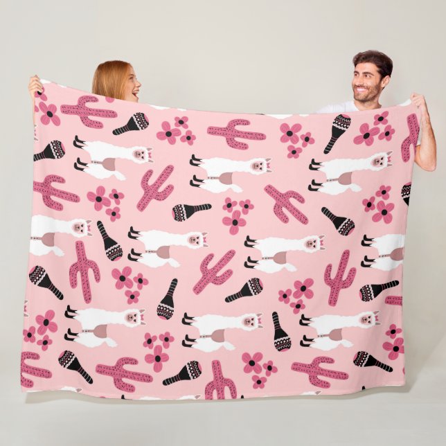 Couverture Polaire Adorable Llama Maraca Cactus blanc rose floral (En situation)