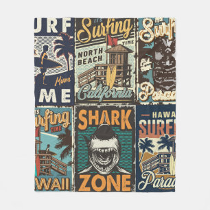 Couverture Polaire Affiches de surf colorées vintages avec bus surf