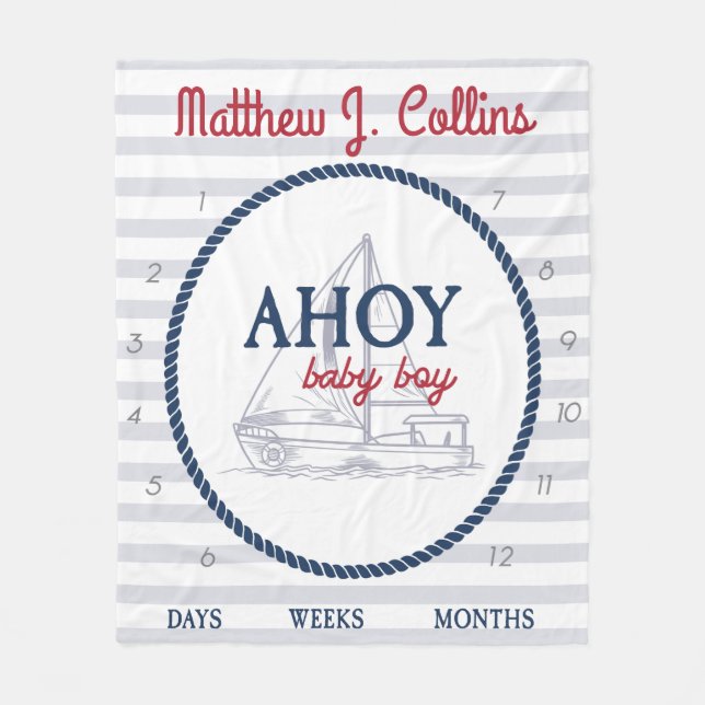 Couverture Polaire Ahoy Nautical Baby Boy Voilier Milestone (Devant)