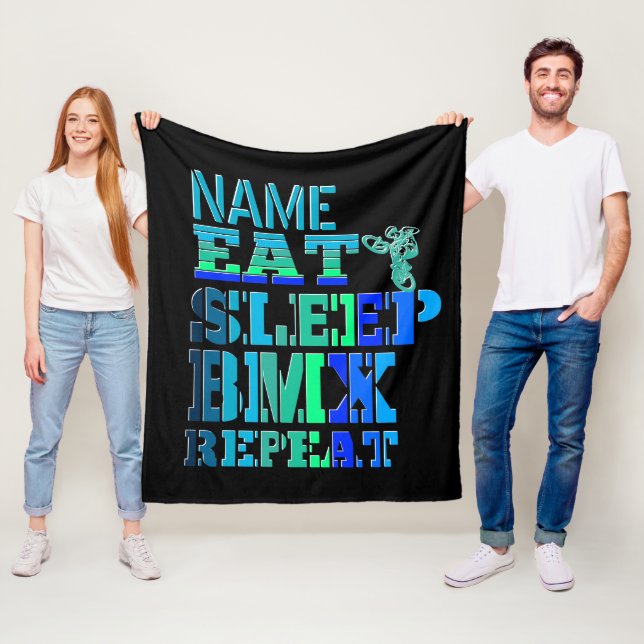 Couverture Polaire Ajouter un nom Eat Sleep BMX Répéter Blue Text Bik (En situation)