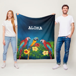 Couverture Polaire Aloha oiseaux perroquets palmiers bleus fleurs feu