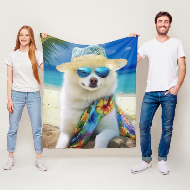 Couverture Polaire American Eskimo on Beach, cadeau d'été pour amoure (En situation)