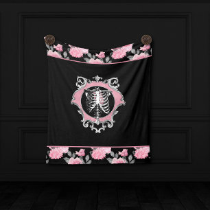 Couverture Polaire Amour gothique   Squelette rose et noir Coeur flor