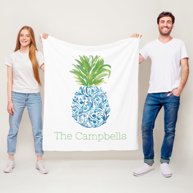 Couverture Polaire Ananas Chinoiserie Bleu Blanc Préppy Nom (En situation)