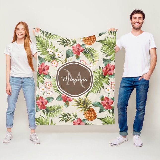 Couverture Polaire Ananas tropicale exotique Floral Monogramme Brown (En situation)