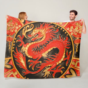 Couverture Polaire Ancien Dragon chinois traditionnel Rouge Or Or