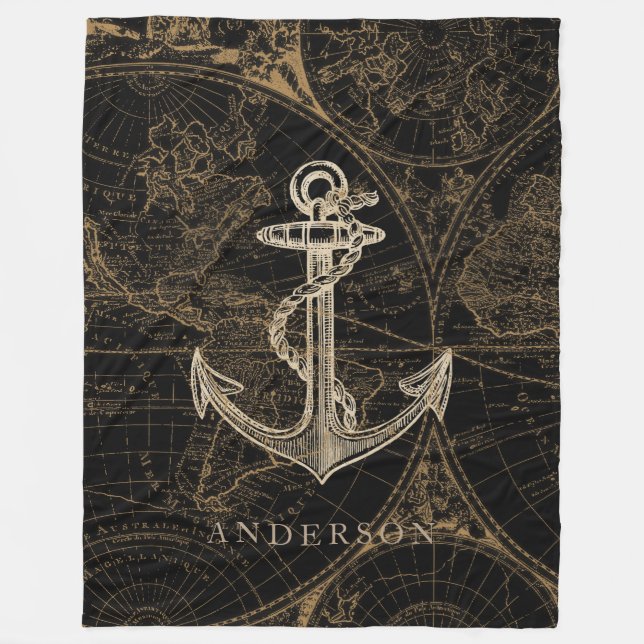 Couverture Polaire Ancien Monde Ancre nautique Monogramme Noir (Devant)