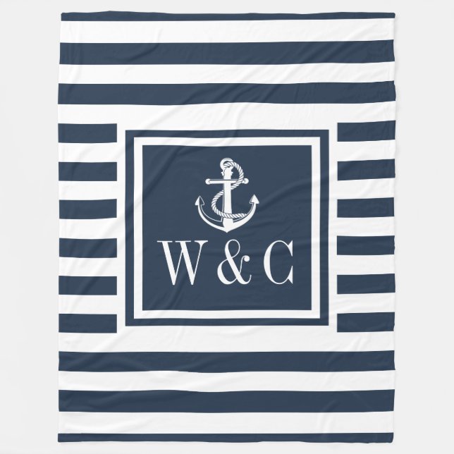 Couverture Polaire Ancre de bateau nautique Monogram Navy Blue Stripe (Devant)