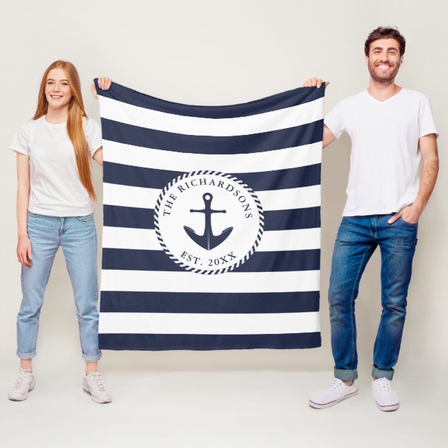 Couverture Polaire Ancre Marine Bleu et Blanc Striped Famille Nautiqu (En situation)