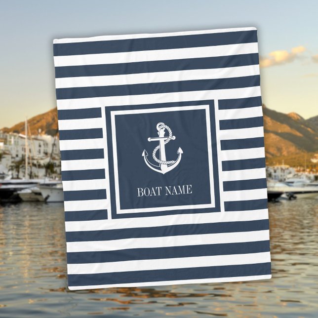 Couverture Polaire Ancre marine Bleue à rayures Nautique Nom du batea (Navy Blue Striped Nautical Anchor Boat Name Fleece Blanket)