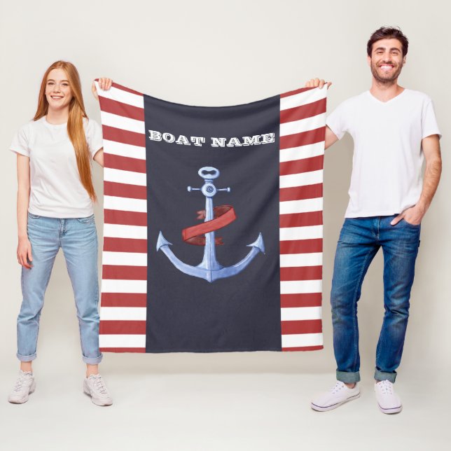 Couverture Polaire Ancre nautique, Bleu marine, Rayures rouges (En situation)