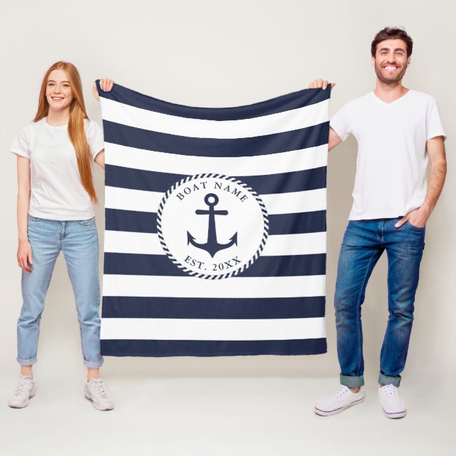 Couverture Polaire Ancre nautique Marine Bleu Blancs Blancs Nom du ba (En situation)