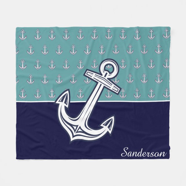 Couverture Polaire Ancre nautique personnalisée Salle de bain Turquoi (Devant (Horizontal))
