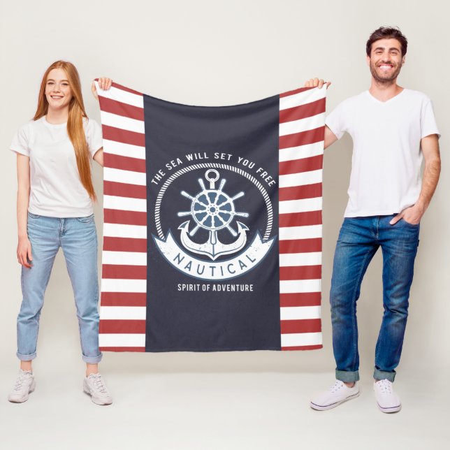 Couverture Polaire Ancre nautique, Roue, Bleu marine, Bandes rouges (En situation)
