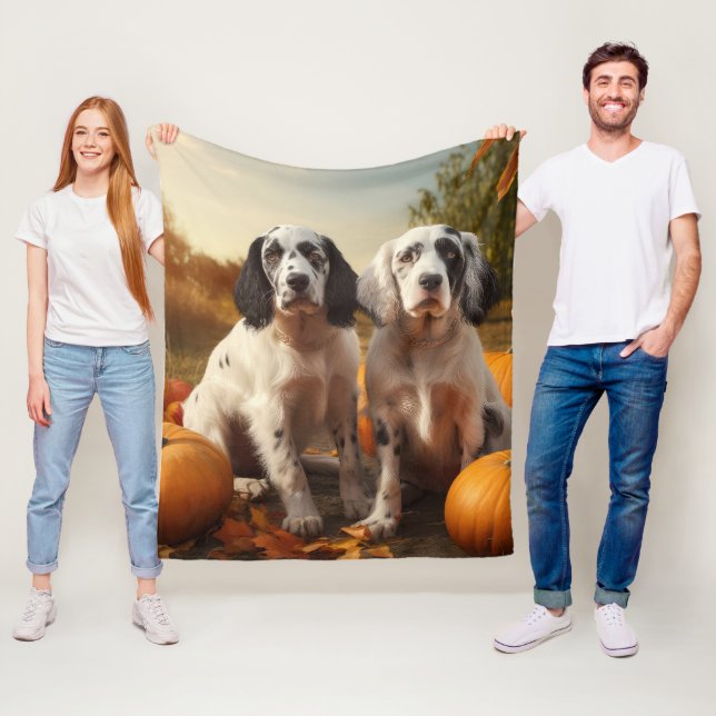 Couverture Polaire Anglais Setter Puppy Automne Citrouille de plaisir (En situation)