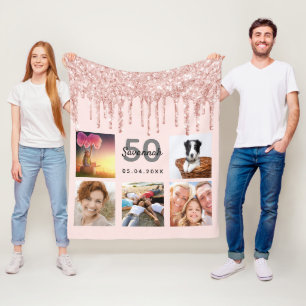 Couverture Polaire Anniversaire photo collage rose or parties scintil