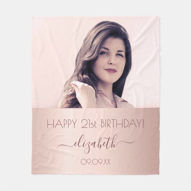 Couverture Polaire Anniversaire photo personnalisée rose or rose femm (Devant)