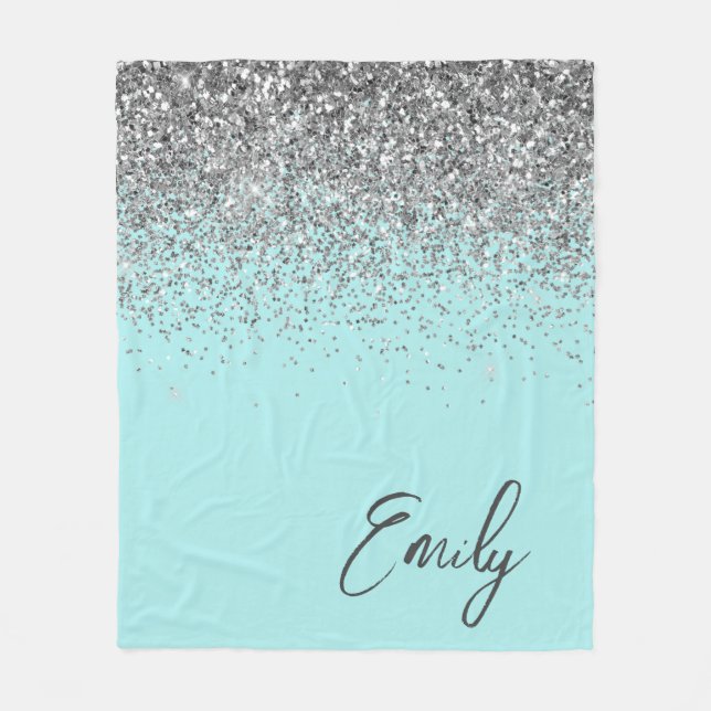 Couverture Polaire Aqua Bleu Sarcelle Argent Paillettes Monogramme  (Devant)