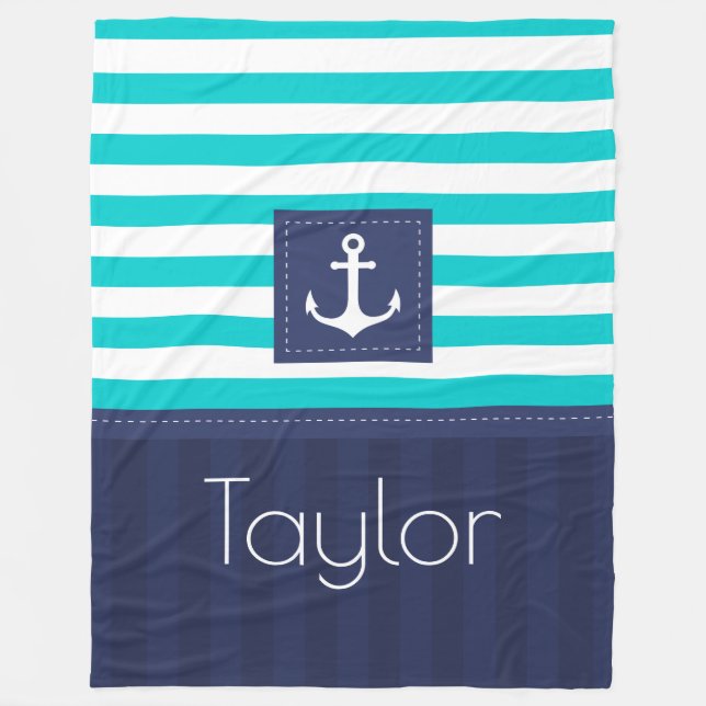 Couverture Polaire Aqua Navy Blue Nautical Stripes Design Ancre (Devant)