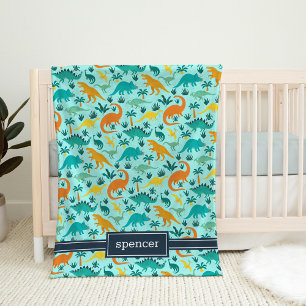 Couverture Polaire Aqua Nom d'enfant Motif de dinosaures colorés