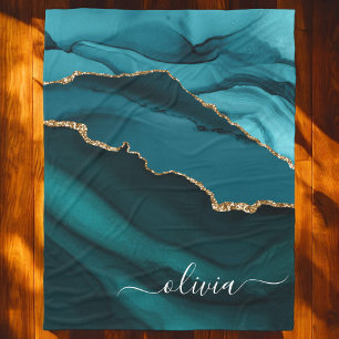 Couverture Polaire Aqua Turquoise Blue Agate Geode Gold Monogramme