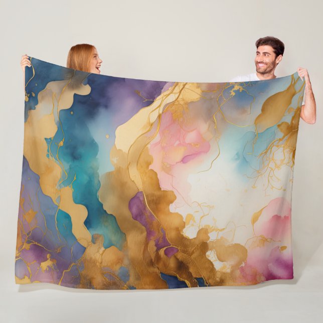 Couverture Polaire Aquarelle Abstraite peinture biologique or (En situation)