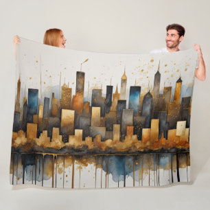 Couverture Polaire Aquarelle Abstraite Peinture Bleu Cityscape