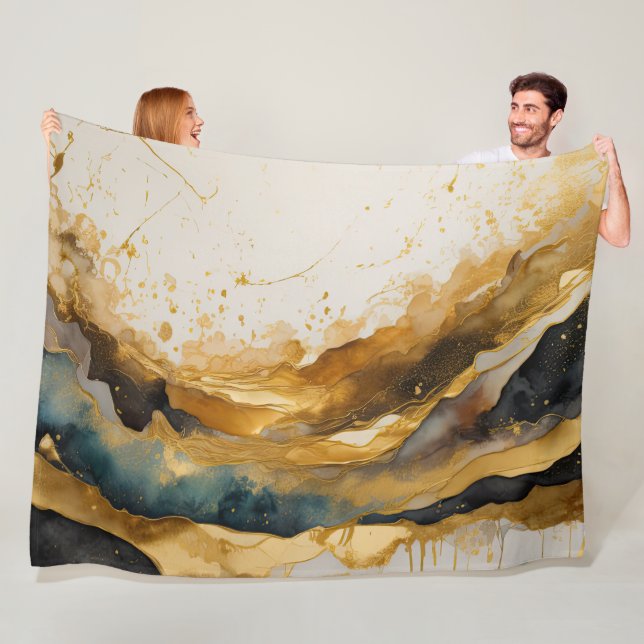 Couverture Polaire Aquarelle Abstraite peinture de paysage or (En situation)