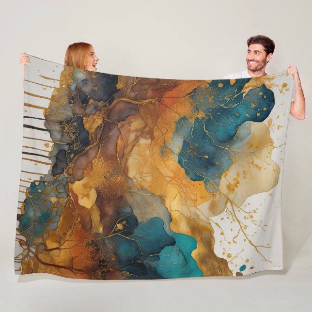 Couverture Polaire Aquarelle Abstraite peinture de paysage or (En situation)