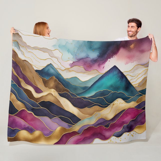 Couverture Polaire Aquarelle Abstraite peinture de paysage or (En situation)