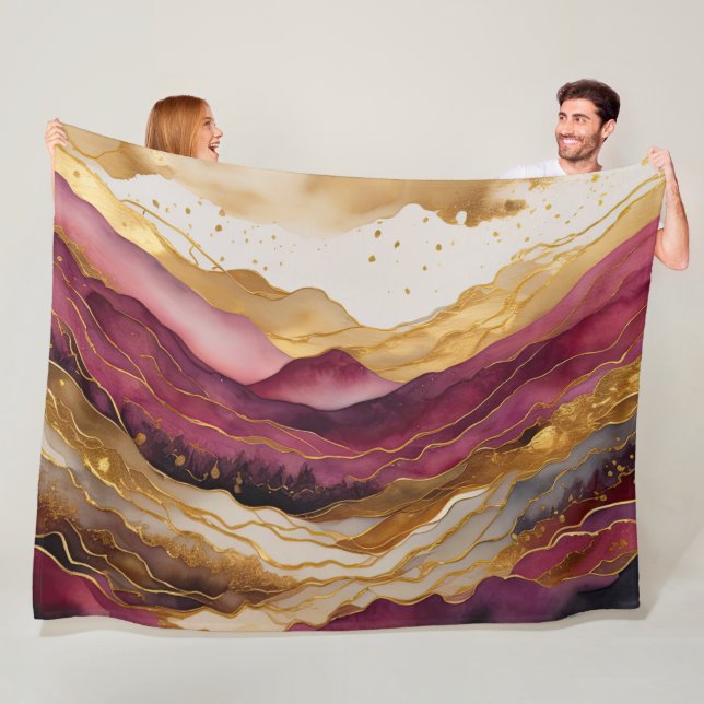 Couverture Polaire Aquarelle Abstraite peinture de paysage or (En situation)