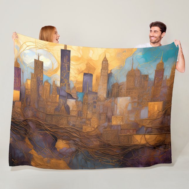 Couverture Polaire Aquarelle Abstraite Peinture Gold Cityscape (En situation)