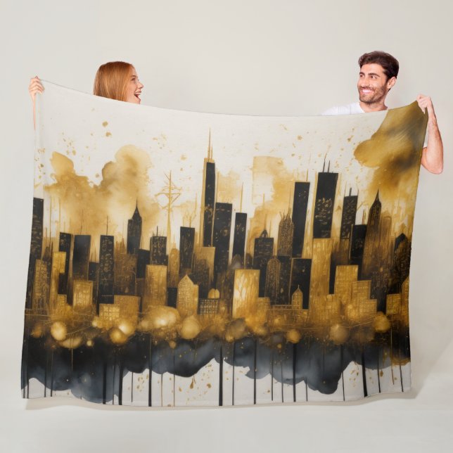 Couverture Polaire Aquarelle Abstraite Peinture Gold Cityscape (En situation)