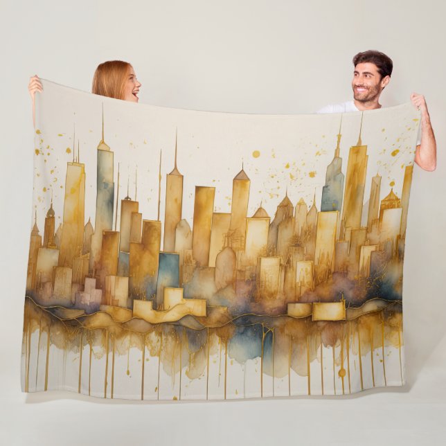 Couverture Polaire Aquarelle Abstraite peinture Golden Cityscape (En situation)