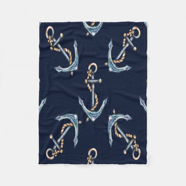 Couverture Polaire Aquarelle Ancres Bleu marine (Devant)