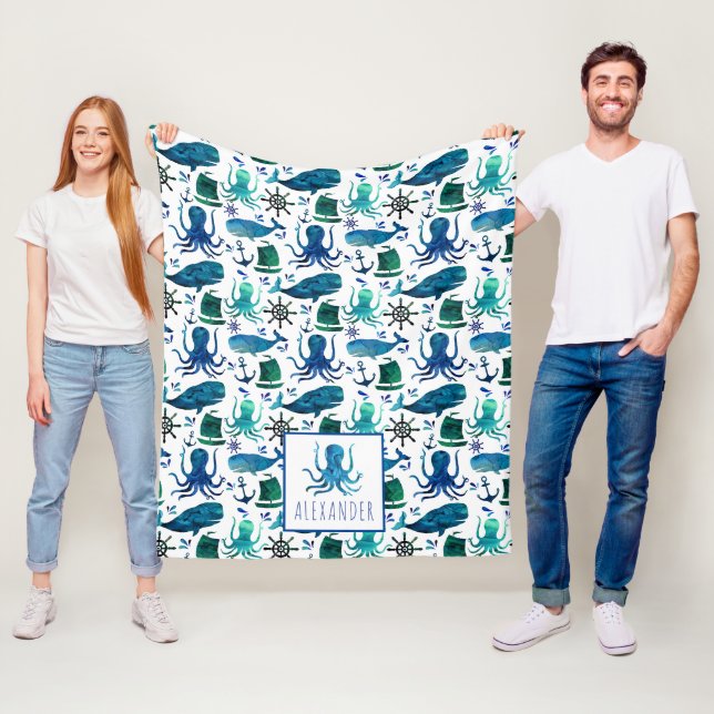 Couverture Polaire Aquarelle bleue Nautique Sous La Mer Octopus (En situation)