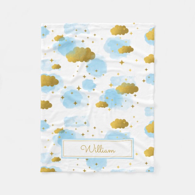 Couverture Polaire Aquarelle bleue Nuages Gold Stars Sky (Devant)