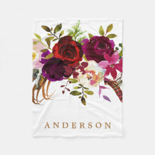 Couverture Polaire Aquarelle Bohème Floral Bourgogne Marsala
