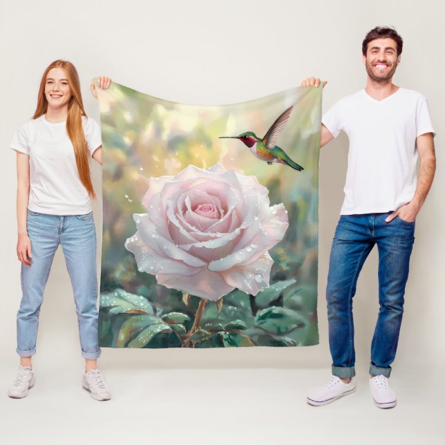 Couverture Polaire Aquarelle Colibri et rose (En situation)