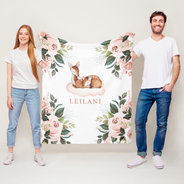 Couverture Polaire Aquarelle de cerf rose Floral personnalisé (En situation)