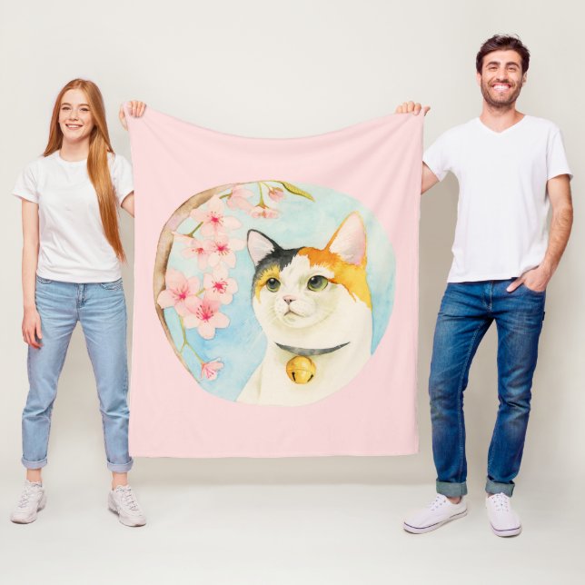 Couverture Polaire Aquarelle de chat et de fleurs de cerisier de (En situation)