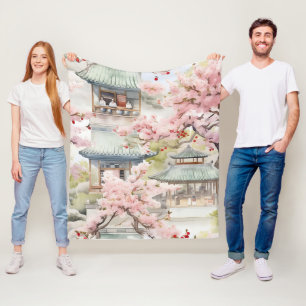 Couverture Polaire Aquarelle de la pagode asiatique au milieu des fle