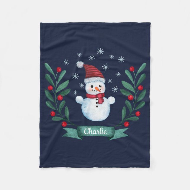 Couverture Polaire Aquarelle de Noël Snowman Custom Navy Blue (Devant)
