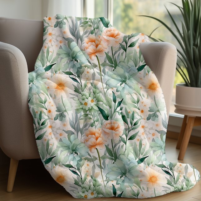 Couverture Polaire Aquarelle de printemps à la broche verte à la ment (FLORAL MINT GREEN BLANKET)