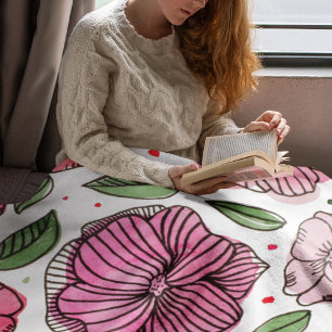 Couverture Polaire Aquarelle et fleurs d'encre - rose et vert