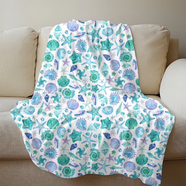 Couverture Polaire Aquarelle Eté Coques de mer et Starfish Coastal (Watercolor Summer Sea shells and Starfish Coastal Fleece Blanket)