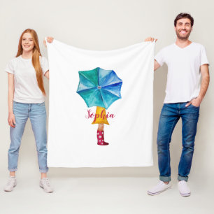Couverture Polaire Aquarelle fille parapluie mignonne Monogrammé