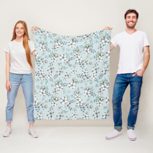 Couverture Polaire Aquarelle Fleurs de coton et Eucalyptus