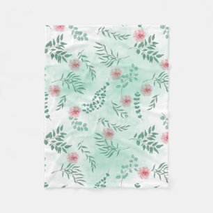 Couverture Polaire Aquarelle fleurs roses et branches vertes botaniqu