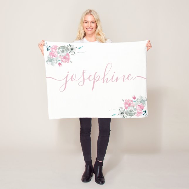 Couverture Polaire Aquarelle florale blanche rose pâle Nom (En situation)